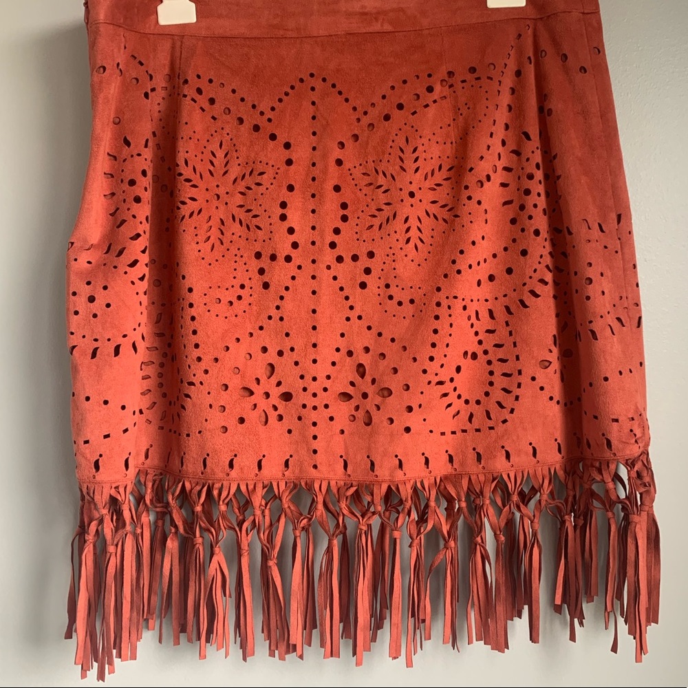 AEO Terra Cotta Suede Fringed Skirt